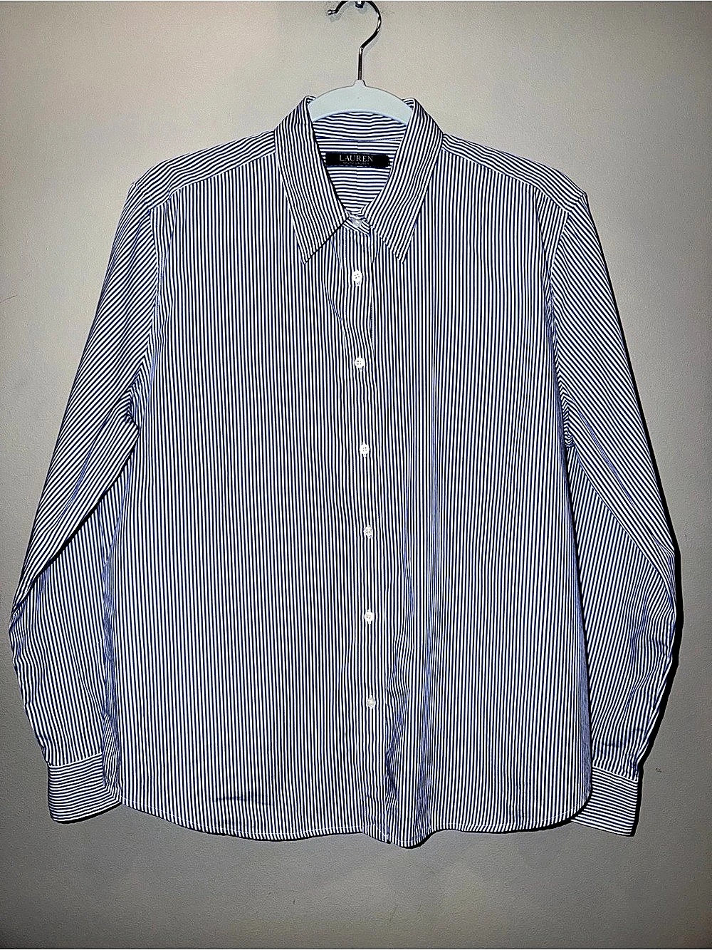Lauren Ralph Lauren Blue White Striped Button Down Shirt Women Size Large preppy